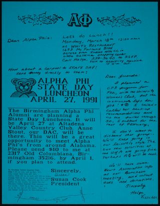 Helga Visscher to Alpha Phis Letter, 1991