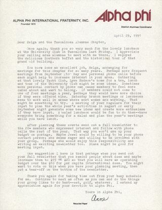 Anne Stout to Helga Visscher and the Tuscaloosa Alumnae Chapter Letter, April 29, 1991