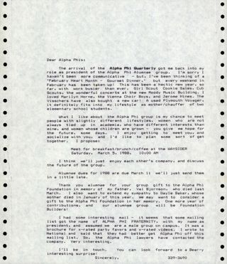 Helga Visscher to Alpha Phis Letter, c. 1988