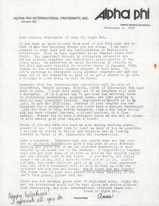 Anne Stout to Alumnae Presidents of Area IV Letter, February 8, 1992