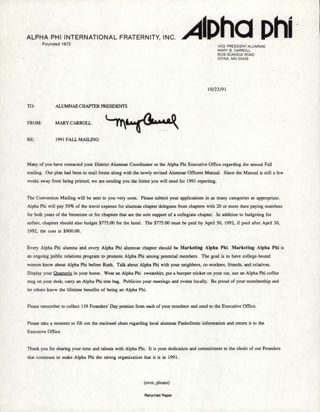 Mary Carroll to Alumnae Chapter Presidents Memo 1, October 23, 1991