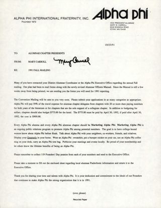 Mary Carroll to Alumnae Chapter Presidents Memo 2, October 23, 1991