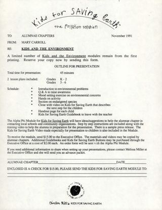 Mary Carroll to Alumnae Chapter Presidents Memo Regarding Kids and the Environment, November 1991