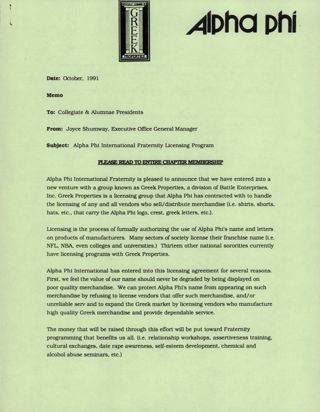 Joyce Shumway to Collegiate and Alumnae Presidents Memo, October 1991