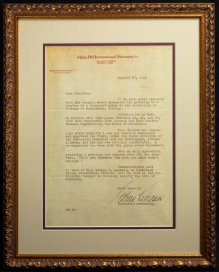 Eileen Kinnane to Alpha Phi Chapters Framed Letter, January 27, 1932