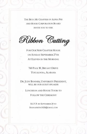 Beta Mu Chapter House Ribbon Cutting Invitation, September 27, 2014