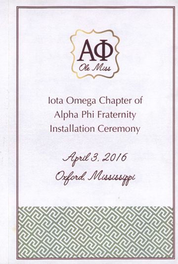 Iota Omega Chapter of Alpha Phi Fraternity Installation Ceremony Program, April 3, 2016