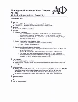 Birmingham/Tuscaloosa Alumnae Chapter Agenda, January 12, 2013