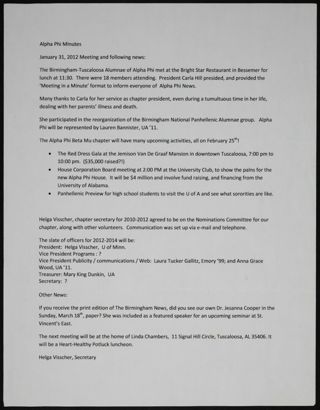 Birmingham/Tuscaloosa Alumnae Chapter Minutes, January 31, 2012