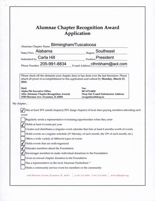 Birmingham/Tuscaloosa Alumnae Chapter Recognition Award Application