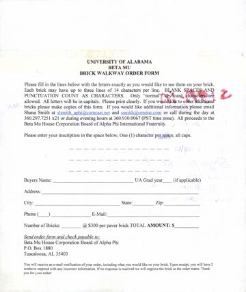University of Alabama Beta Mu Brick Walkway Order Form With Notes