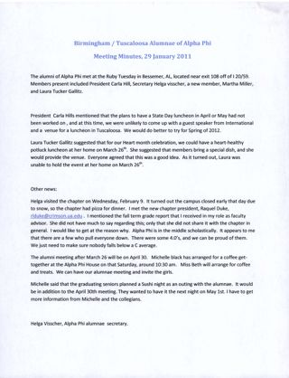 Birmingham/Tuscaloosa Alumnae of Alpha Phi Meeting Minutes, January 29, 2011