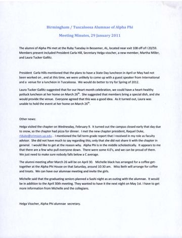 Birmingham/Tuscaloosa Alumnae of Alpha Phi Meeting Minutes, January 29, 2011