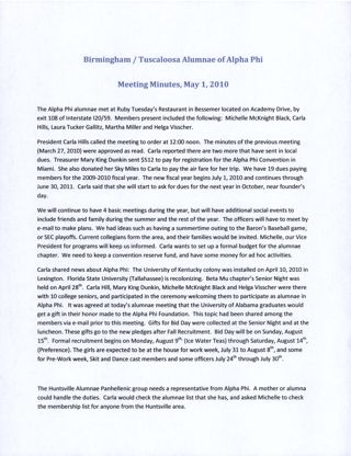 Birmingham/Tuscaloosa Alumnae of Alpha Phi Meeting Minutes, May 1, 2010