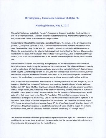 Birmingham/Tuscaloosa Alumnae of Alpha Phi Meeting Minutes, May 1, 2010