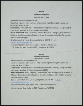 Alpha Phi Meet & Greet Agenda, July 23, 2013