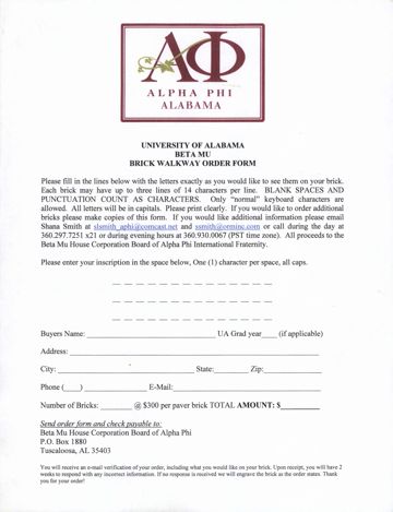 University of Alabama Beta Mu Brick Walkway Order Form