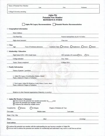 Alpha Phi Potential New Member Reference Form 2