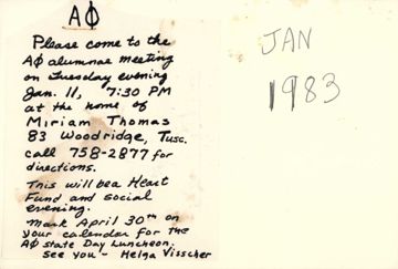 Helga Visscher to Alpha Phi Postcard, January 1983