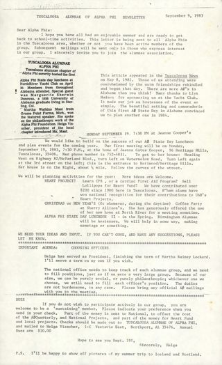 Tuscaloosa Alumnae of Alpha Phi Newsletter, September 9, 1983