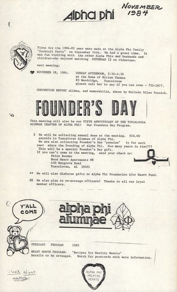 Tuscaloosa Alumnae Chapter Newsletter, November 1984