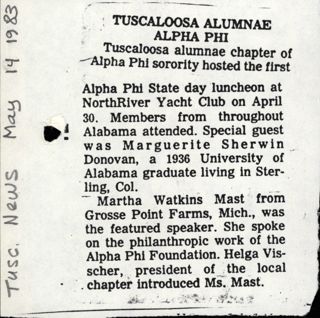 Tuscaloosa Alumnae Alpha Phi Newspaper Clipping 1, May 14, 1983