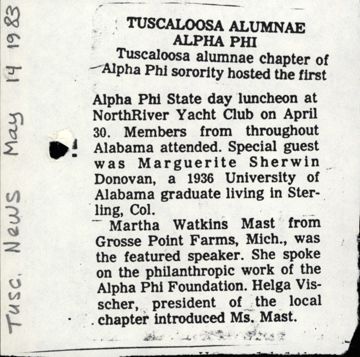 Tuscaloosa Alumnae Alpha Phi Newspaper Clipping 1, May 14, 1983