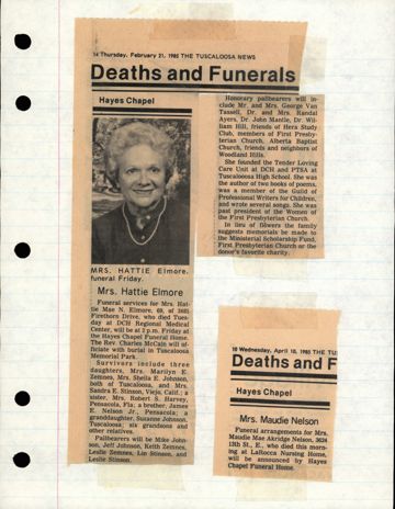 Deaths and Funerals: Mrs. Hattie Elmore and Mrs. Maudie Nelson Newspaper Clippings, February 21-May 10, 1985