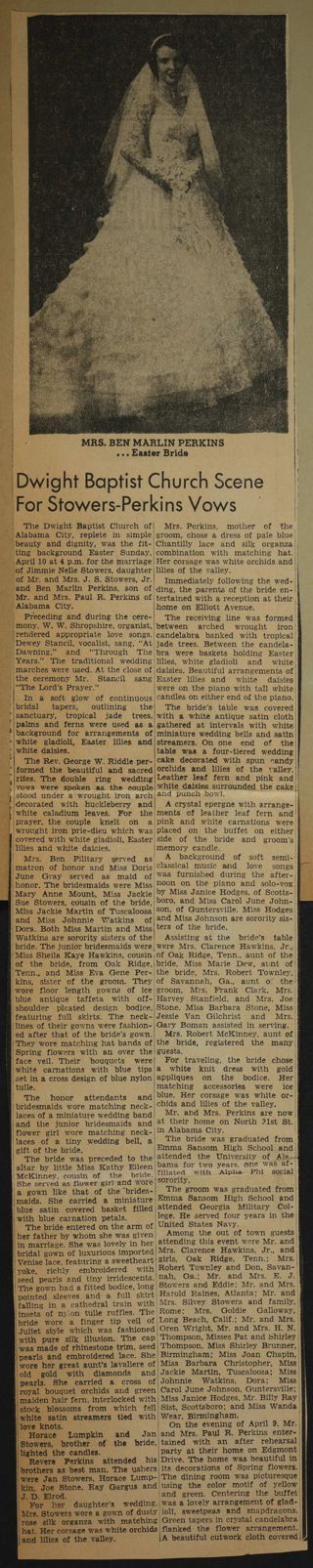 Dwight Baptist Church Scene for Stowers-Perkins Vows Newspaper Clipping