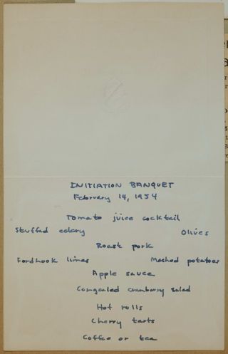 Alpha Phi Initiation Banquet Menu, February 14, 1954