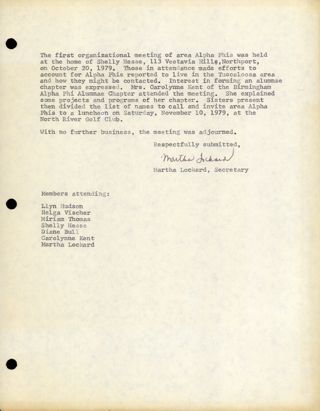 Tuscaloosa Alumnae Chapter Meeting Minutes, October 20, 1979