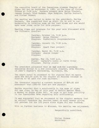 Tuscaloosa Alumnae Chapter Meeting Minutes, September 8, 1981