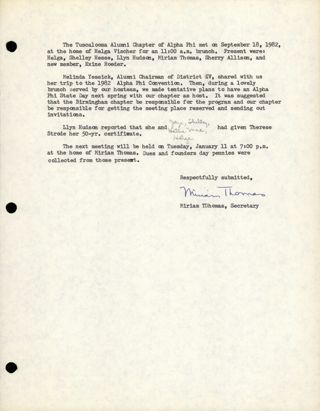 Tuscaloosa Alumnae Chapter Meeting Minutes, September 18, 1982