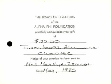 Alpha Phi Foundation Board of Directors Gift Acknowledgement Card, March 1985