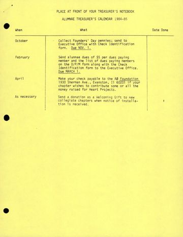 Alumnae Treasurer's Calendar, 1984-1985