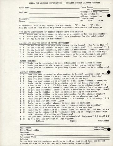 Alpha Phi Alumnae Information: Greater Boston Alumnae Chapter, c. January 4, 1982
