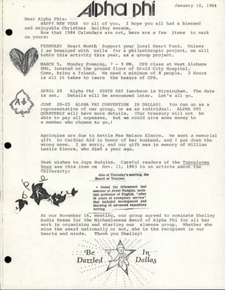Helga Visscher to Alpha Phis Letter, January 10, 1984