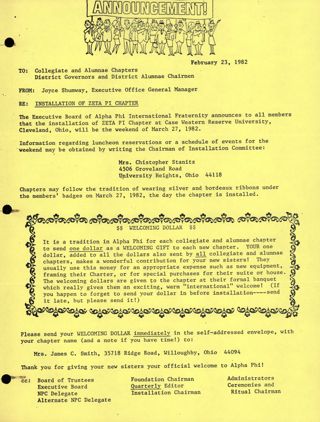 Joyce Shumway to Collegiate and Alumnae Chapters, District Governors, and District Alumnae Chairmen Memo, February 23, 1982
