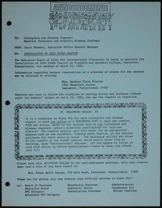 Joyce Shumway to Collegiate and Alumnae Chapters, District Governors, and District Alumnae Chairmen Memo, c. April 25, 1982