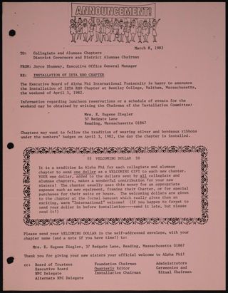 Joyce Shumway to Collegiate and Alumnae Chapters, District Governors, and District Alumnae Chairmen Memo, March 8, 1982