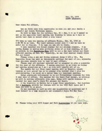 Shelley Hesse to Alpha Phi Officer Letter, December 15, 1979