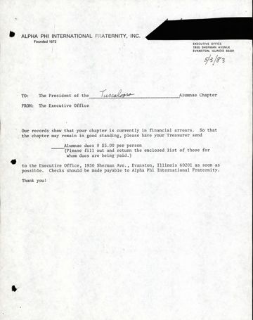 The Executive Office to the President of the Tuscaloosa Alumnae Chapter Memo, May 3, 1983