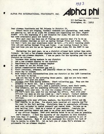 District IV Alumnae Chairman to Alumnae Presidents and Phi Friends in District IV Letter, 1983