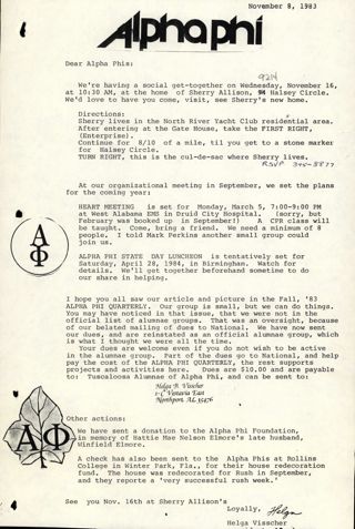 Helga Visscher to Alpha Phis Letter, November 8, 1983