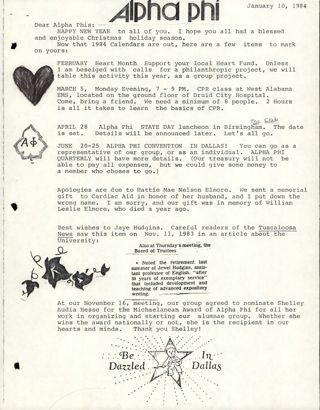 Helga Visscher to Alpha Phis Letter, January 10, 1984