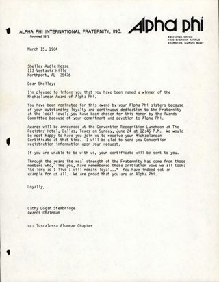 Cathy Stembridge to Shelley Hesse Letter, March 15, 1984