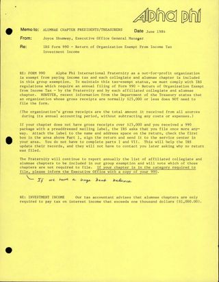 Joyce Shumway to Alumnae Chapter Presidents/Treasurers Memo, June 1984
