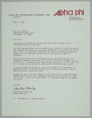 Cathy Stembridge to Mrs. A.L. Bentley Letter, April 1, 1982
