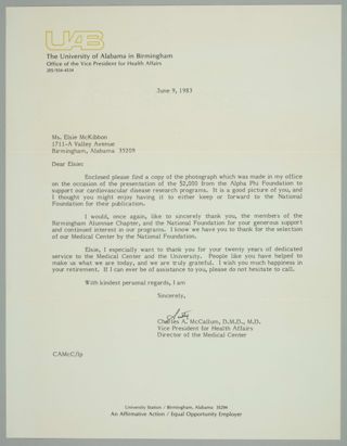 Charles McCallum to Elsie McKibbon Letter, June 9, 1983
