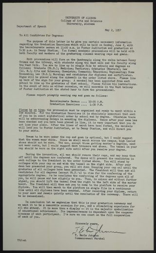 T. Earle Johnson to Department of Speech Candidates for Degrees Letter, May 2, 1957
